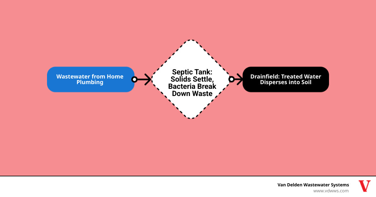Infographic showing the septic system flow from house plumbing through septic tank with solid settling and bacteria breaking down waste, then to drainfield where treated water disperses into soil, with labels for each component and arrows indicating flow direction - affordable septic system installation service in leon springs tx infographic flowmap_simple Infographic showing the septic system flow from house plumbing through septic tank with solid settling and bacteria breaking down waste, then to drainfield where treated water disperses into soil, with labels for each component and arrows indicating flow direction - affordable septic system installation service in leon springs tx infographic flowmap_simple