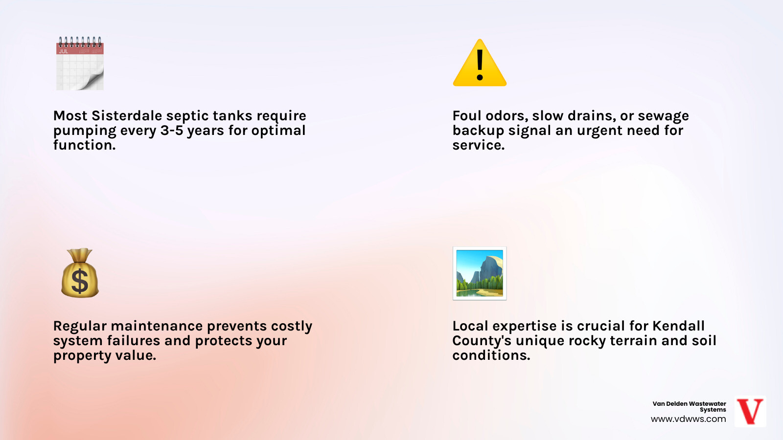 Infographic showing septic tank cross-section with inlet pipe, scum layer, clear zone, sludge layer, outlet pipe, and drainfield. Includes recommended pumping schedule: 1-2 people every 5 years, 3-4 people every 3 years, 5+ people every 1-2 years. Shows warning signs like slow drains and foul odors. - septic tank cleaning service in sisterdale tx infographic 4_facts_emoji_light-gradient Infographic showing septic tank cross-section with inlet pipe, scum layer, clear zone, sludge layer, outlet pipe, and drainfield. Includes recommended pumping schedule: 1-2 people every 5 years, 3-4 people every 3 years, 5+ people every 1-2 years. Shows warning signs like slow drains and foul odors. - septic tank cleaning service in sisterdale tx infographic 4_facts_emoji_light-gradient