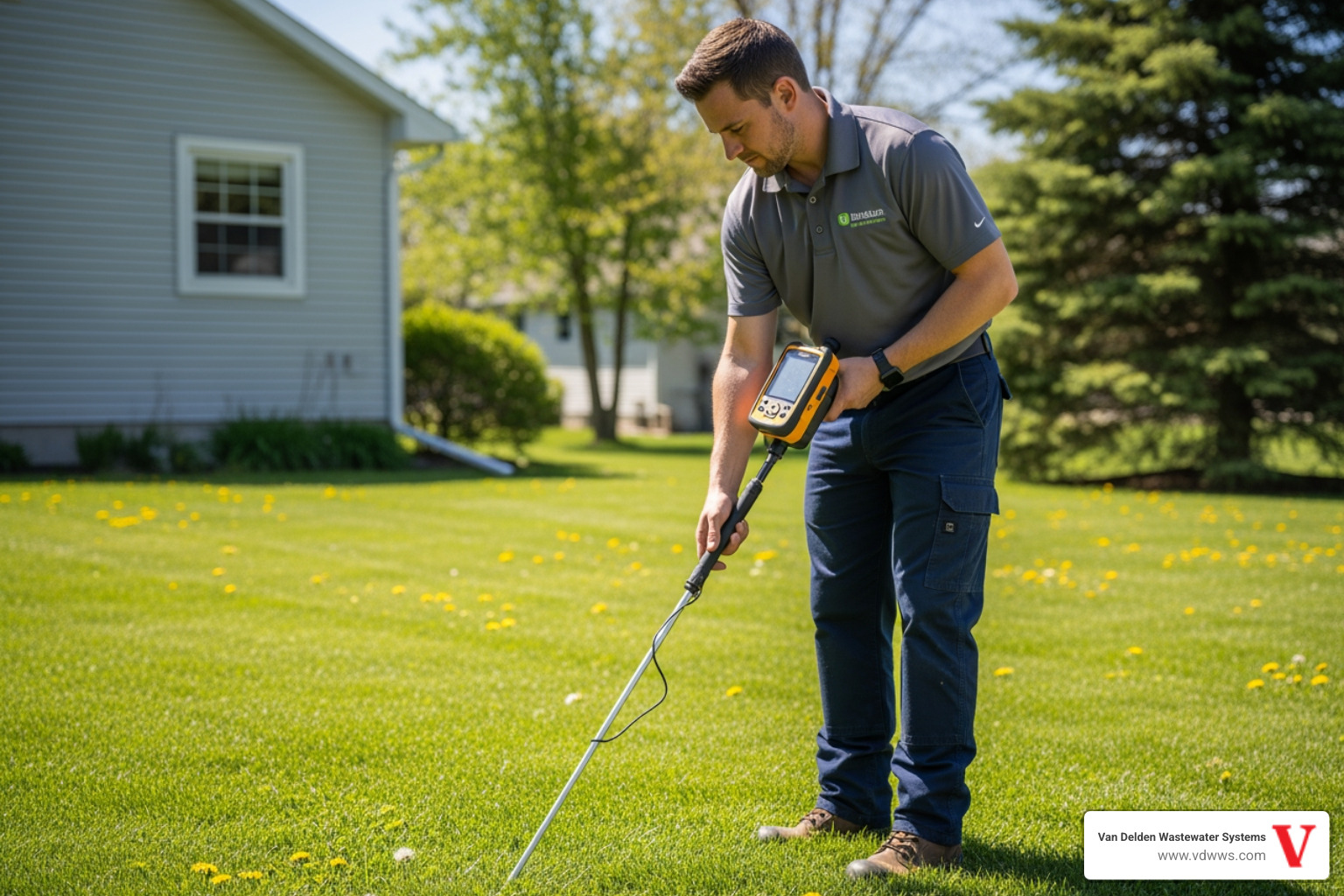 Technician using an electronic locator tool to find a buried septic tank in a green residential yard - septic tank locating services in bergheim tx