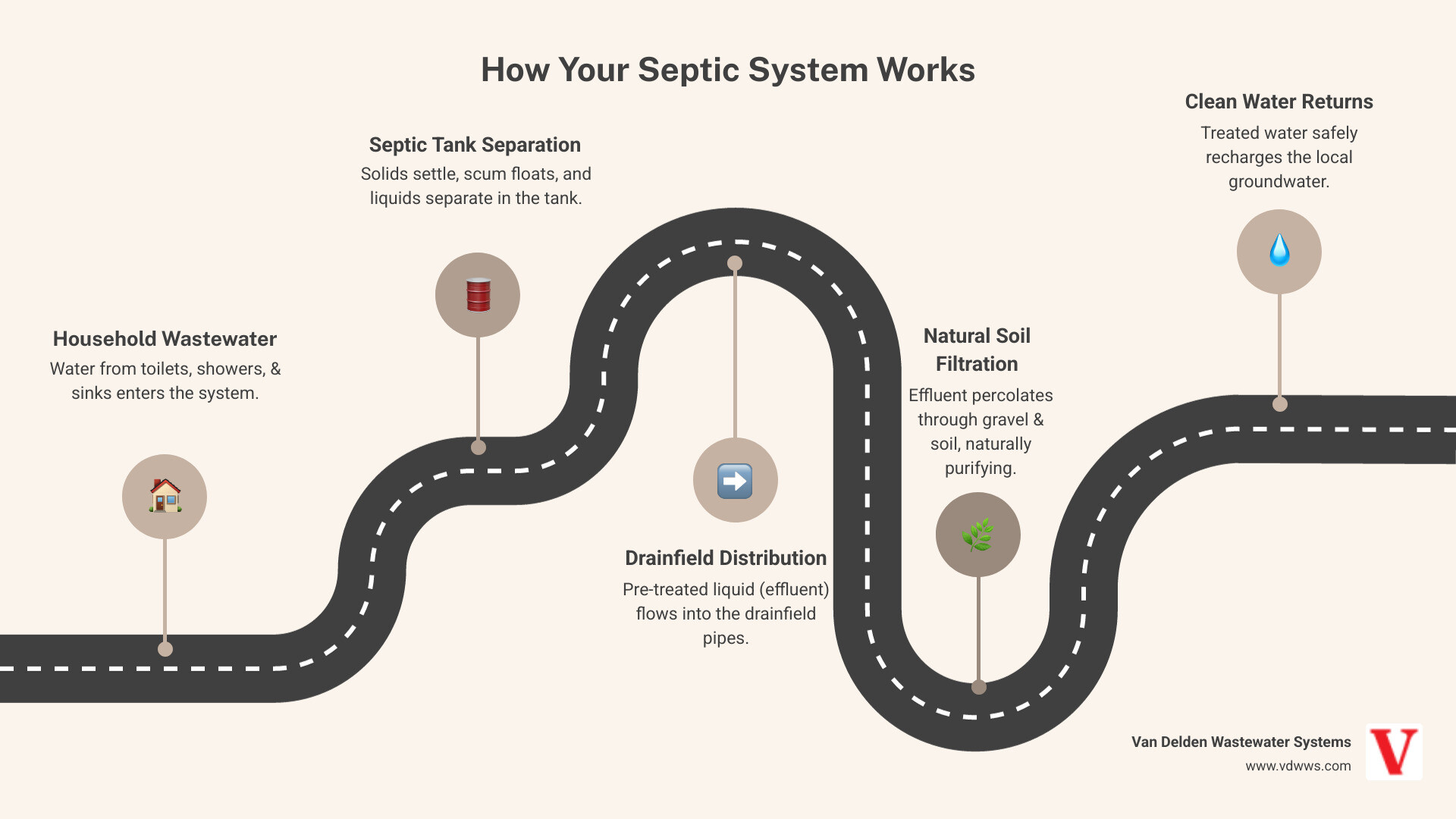 Infographic showing the complete septic system process: wastewater flows from home fixtures to septic tank where solids settle, then effluent moves to drainfield through distribution pipes, percolates through gravel and soil for natural filtration, and finally reaches groundwater safely treated - drainfield cleaning in smithson valley tx infographic roadmap-5-steps