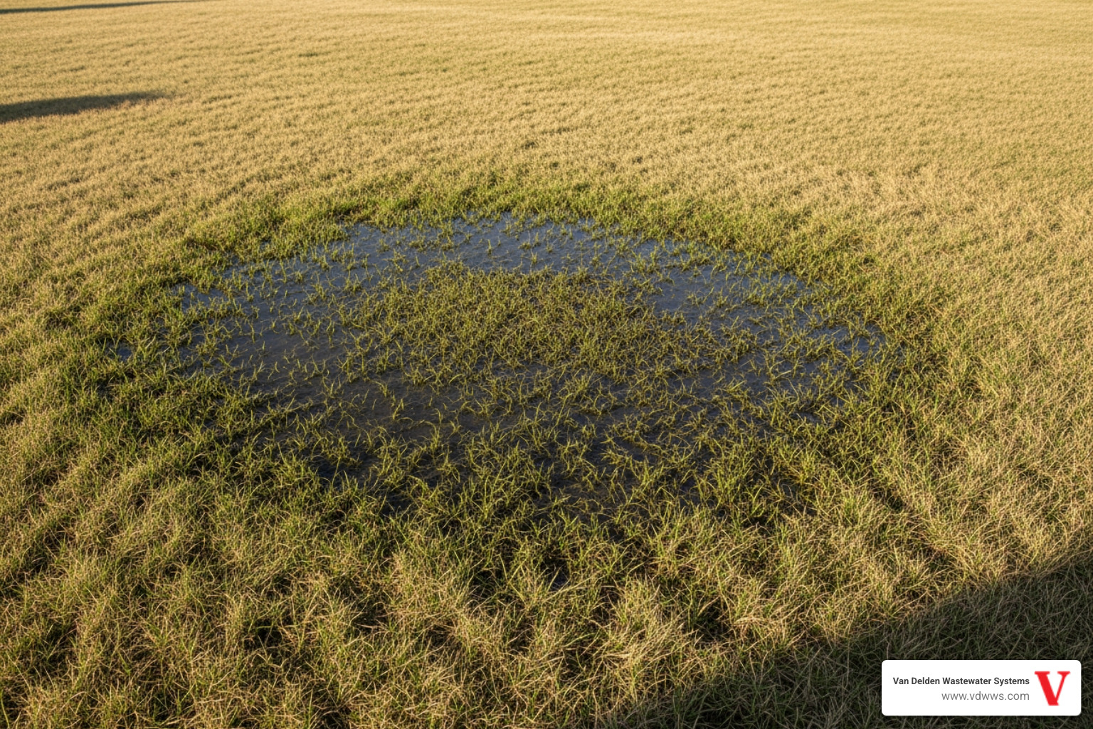 A distinct soggy, darker patch of grass in an otherwise dry lawn, indicating pooling water from a failing drainfield - drainfield cleaning in smithson valley tx
