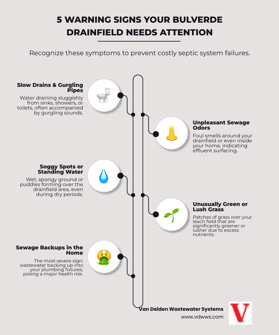 Infographic showing the flow of wastewater from a home through the septic tank, into the drainfield pipes, and through soil layers for natural filtration, with labels indicating warning signs of drainfield failure such as soggy ground, odors, and slow drains in Bulverde TX - drainfield cleaning in bulverde tx infographic infographic-line-5-steps-elegant_beige