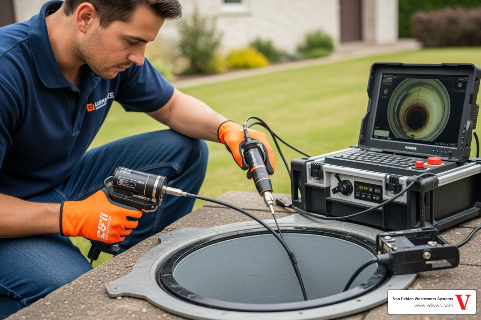 technician using a camera inspection tool for a septic line - drainfield cleaning in bulverde tx