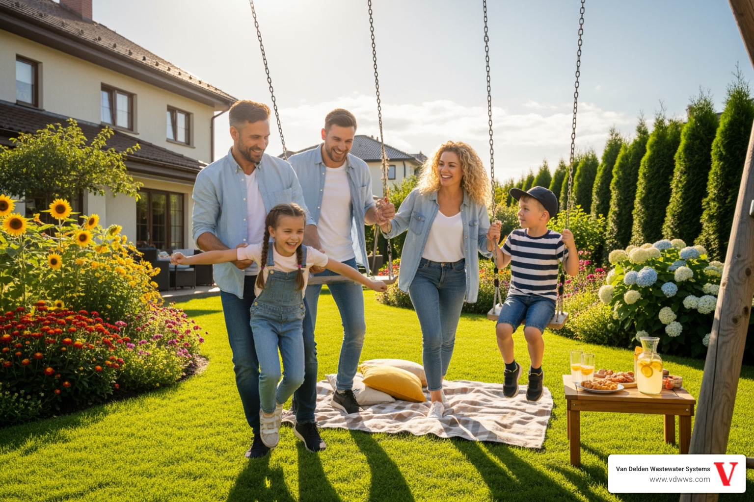 family enjoying their backyard in Bulverde, TX - drainfield cleaning in bulverde tx