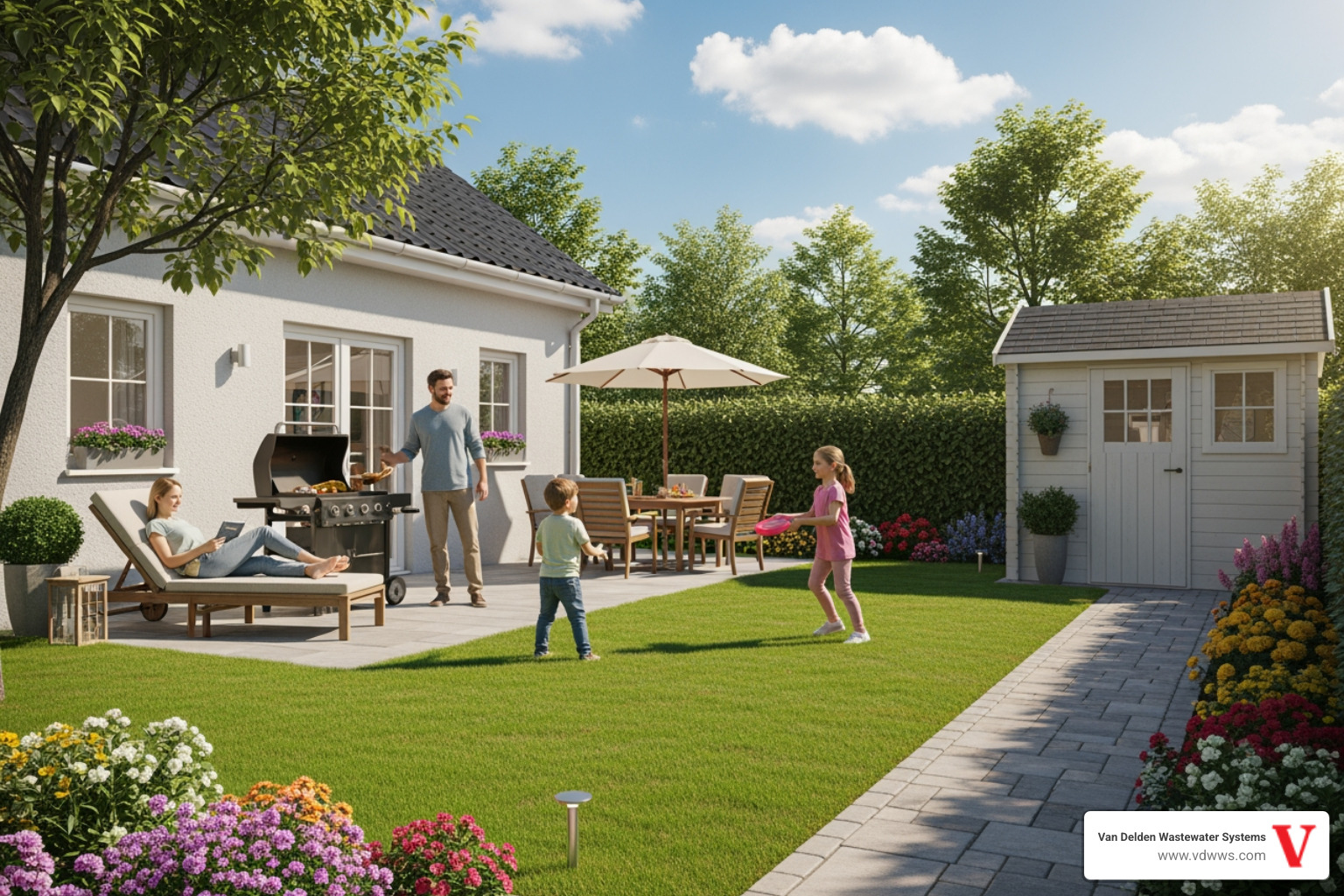 A clean, well-maintained backyard with a family enjoying the space, implying a recently repaired and functional septic system. - same day septic system repairs service in sisterdale tx