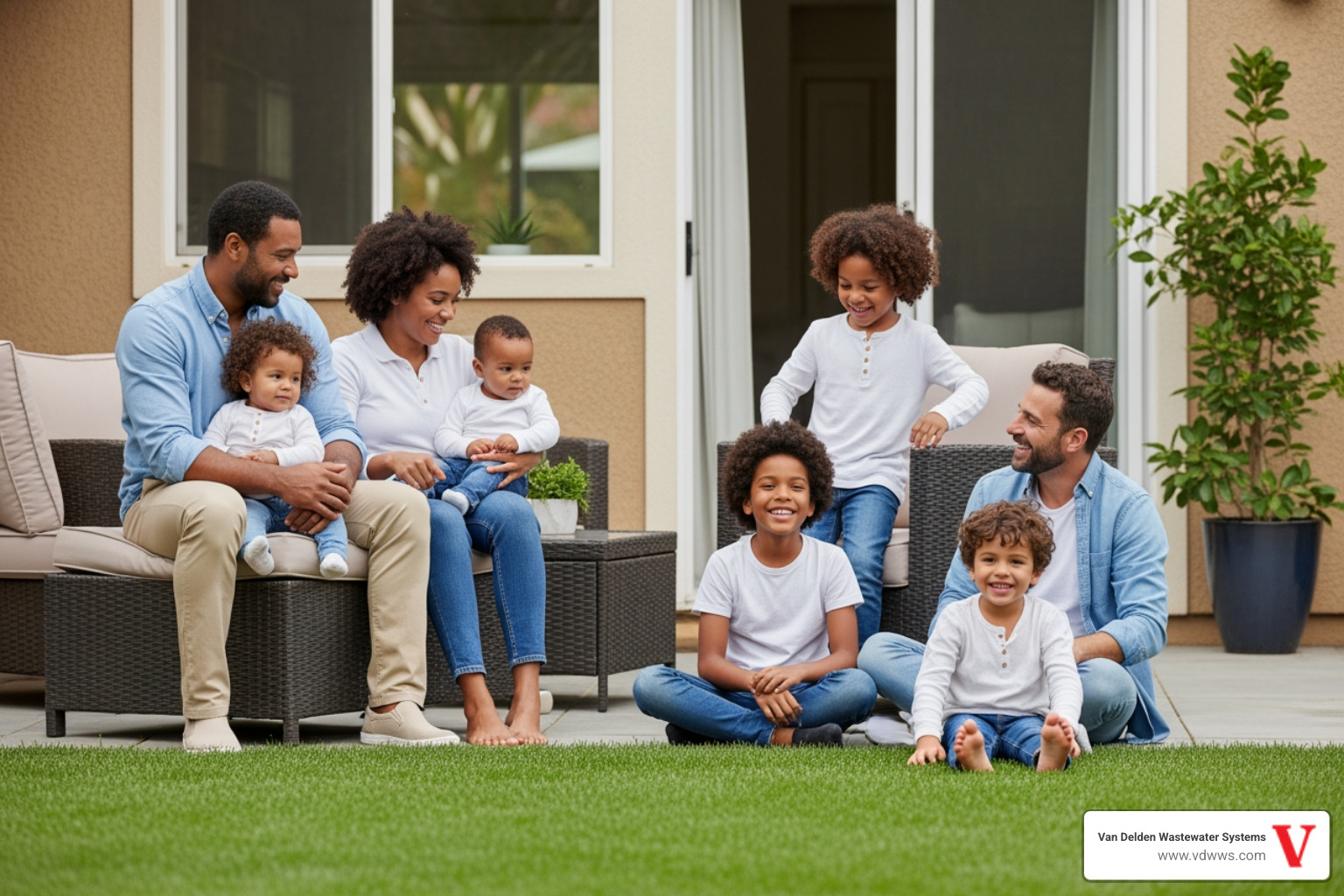 A serene image of a family enjoying their well-maintained backyard, suggesting comfort and confidence in their home environment. - same day septic system repairs service in sisterdale tx