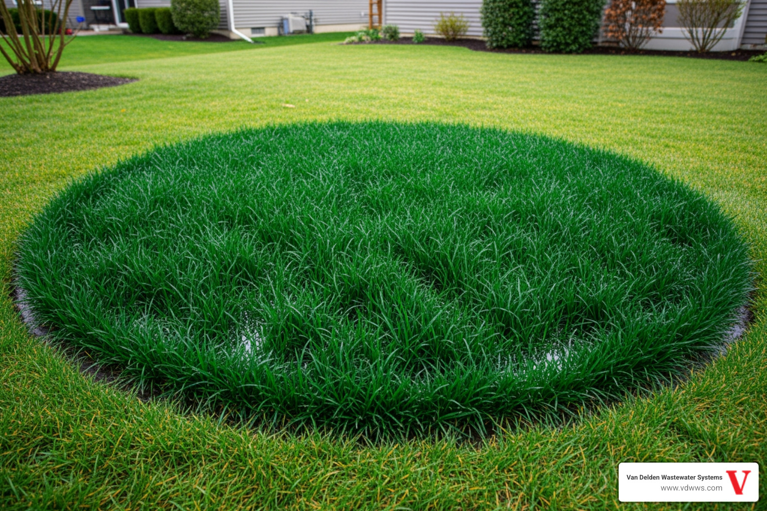 soggy, overly green patch of grass in a yard - 24 hour septic system installation service in leon springs tx