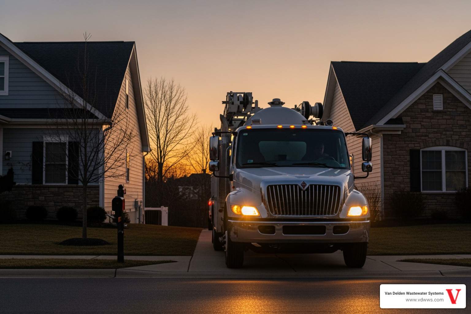 service truck arriving at a home at dusk - 24 hour septic system installation service in leon springs tx