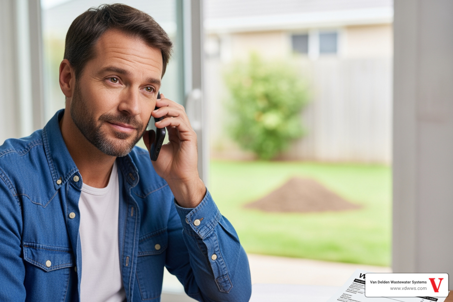 homeowner on the phone with a septic professional, looking relieved - emergency septic system installation repair in boerne tx homeowner on the phone with a septic professional, looking relieved - emergency septic system installation repair in boerne tx
