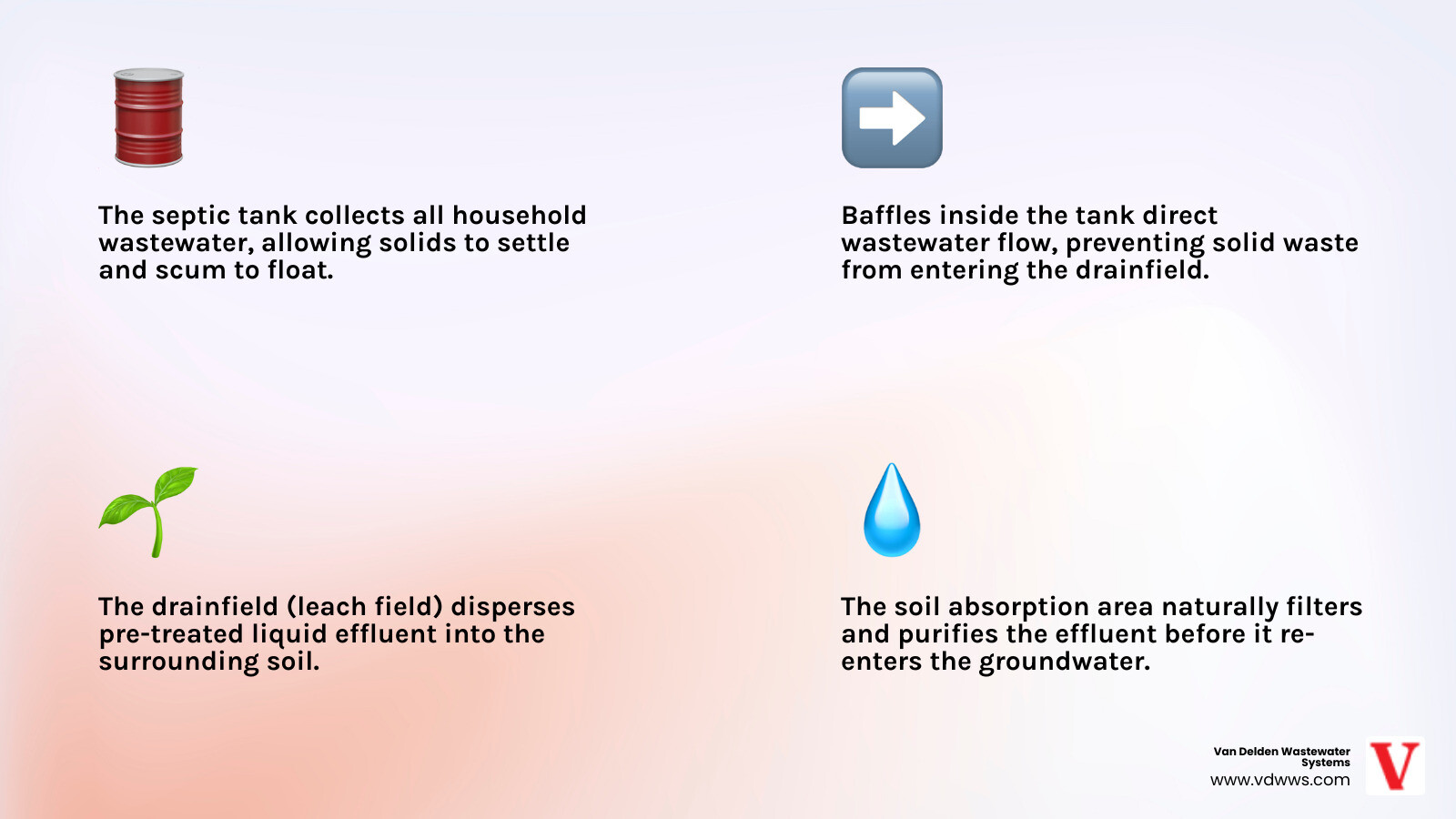 Infographic showing residential septic system components including the tank, inlet and outlet pipes, baffles, drainfield with perforated pipes, and soil absorption area, with arrows indicating wastewater flow from house through treatment stages - septic tank cleaning repair in boerne tx infographic 4_facts_emoji_light-gradient Infographic showing residential septic system components including the tank, inlet and outlet pipes, baffles, drainfield with perforated pipes, and soil absorption area, with arrows indicating wastewater flow from house through treatment stages - septic tank cleaning repair in boerne tx infographic 4_facts_emoji_light-gradient