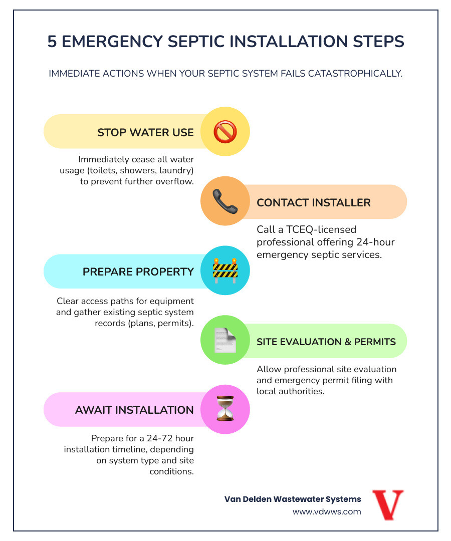 Infographic showing 5 emergency septic installation steps: 1) Shut off all water use and identify the emergency signs, 2) Call a licensed 24-hour septic installer with TCEQ credentials, 3) Clear property access for equipment and locate existing system records, 4) Allow professional site evaluation and emergency permit filing, 5) Prepare for installation timeline of 24-72 hours depending on system type and site conditions - 24 hour septic system installation service in boerne tx infographic infographic-line-5-steps-colors