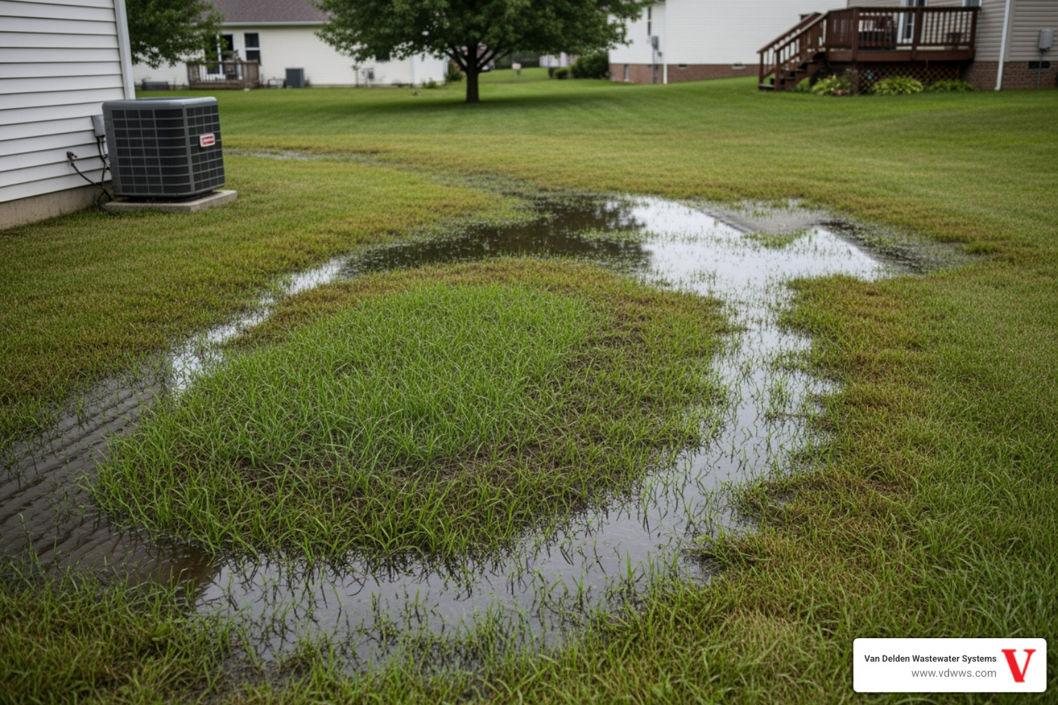 A soggy, oversaturated drainfield area in a yard, indicating a septic system failure - 24 hour septic system installation service in boerne tx