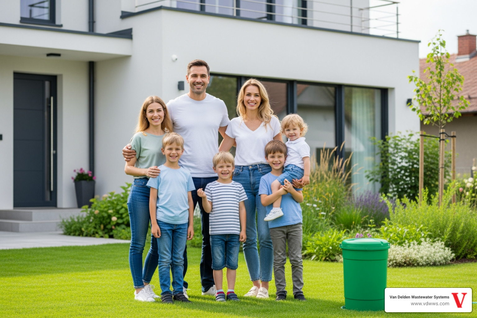 A family standing in front of their home, smiling, with a well-maintained yard, symbolizing a functional and reliable septic system - 24 hour septic system installation service in boerne tx