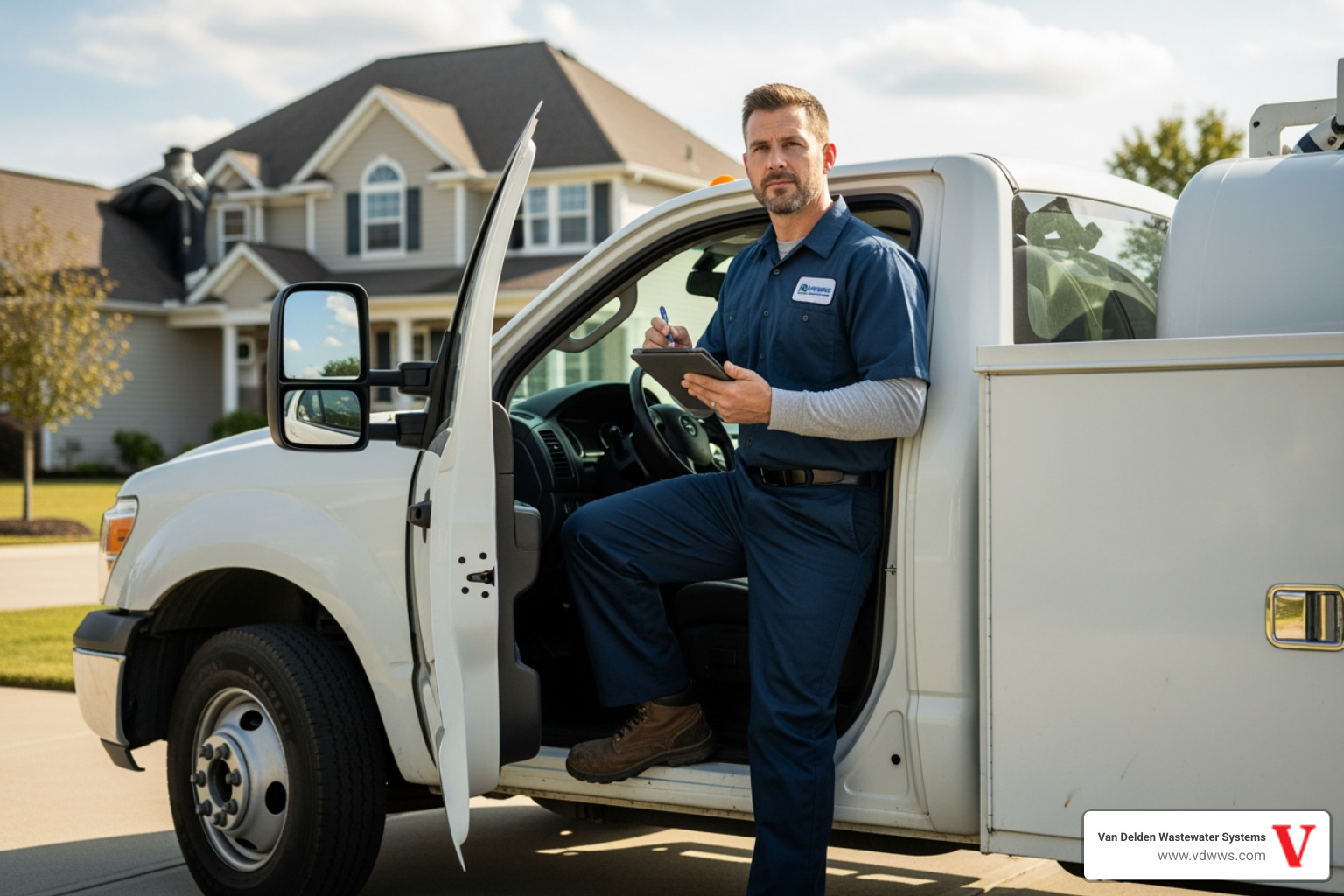 A professional septic technician arriving at a home in a service vehicle, ready to assess an emergency - 24 hour septic system installation service in boerne tx
