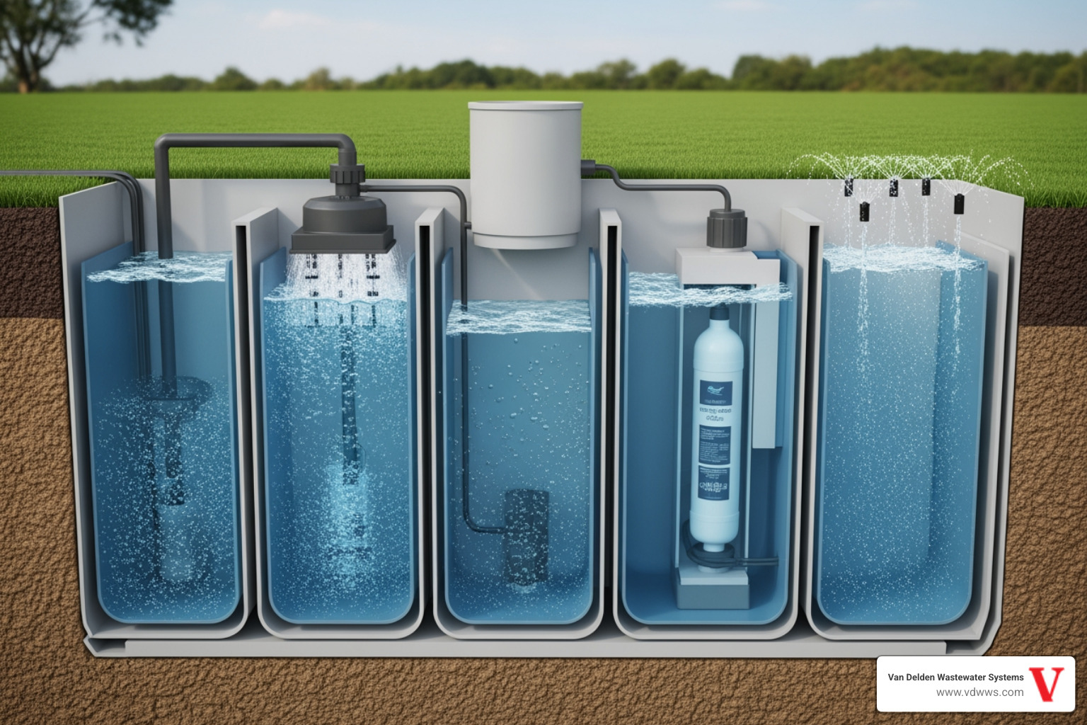 Infographic showing the five stages of aerobic septic treatment: Stage 1 - Pretreatment tank where solids settle, Stage 2 - Aeration chamber where oxygen is added and bacteria break down waste, Stage 3 - Settling tank where treated water separates from remaining solids, Stage 4 - Disinfection where chlorine is added to kill harmful bacteria, Stage 5 - Dispersal through sprinklers to irrigate lawn - aerobic system maintenance repair in elmendorf tx