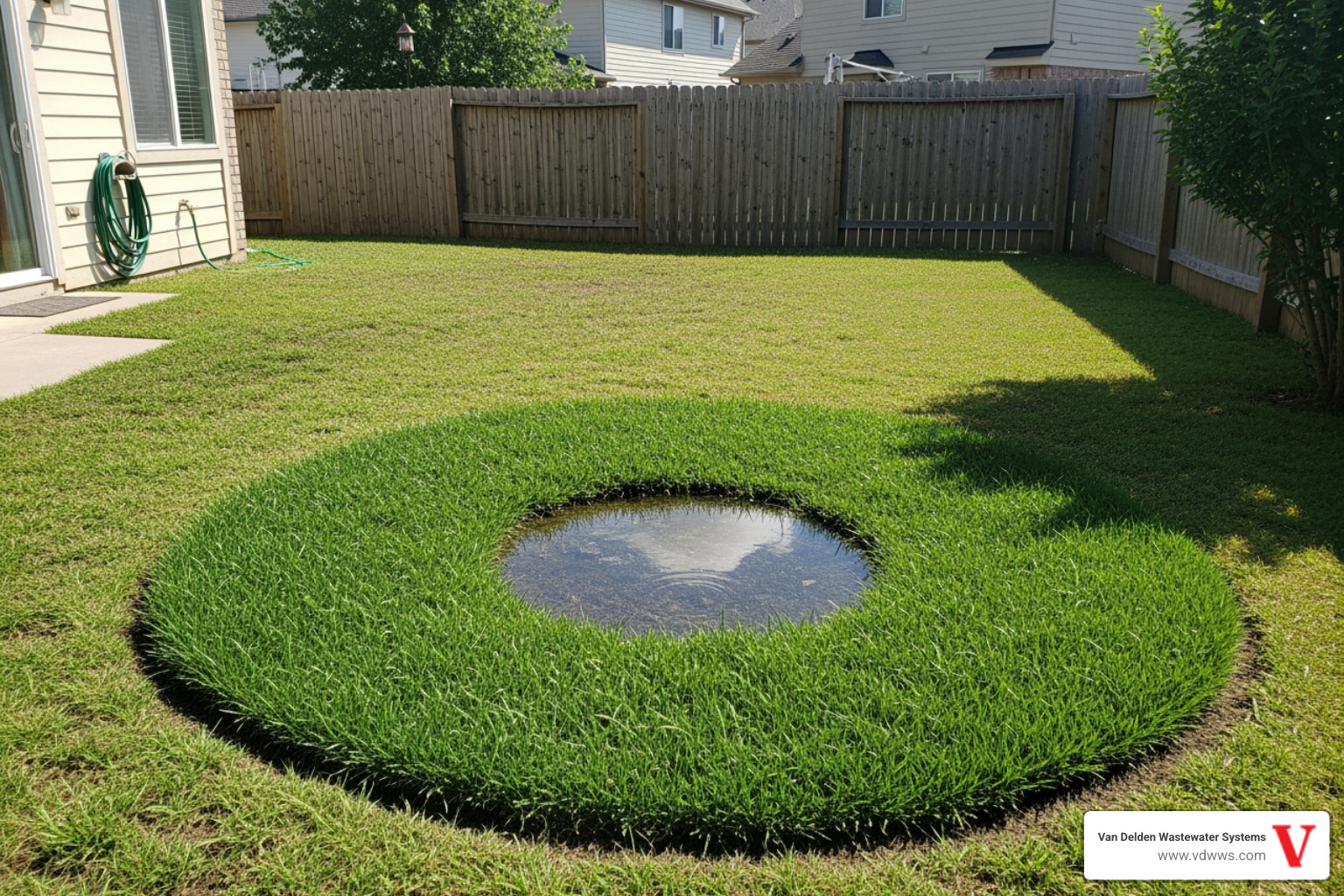 Infographic showing the top 5 warning signs your septic tank needs cleaning: slow drains throughout the home, foul sewage odors near the tank area, standing water or pooling in the yard above the drain field, sewage backups in toilets or sinks, and unusually lush green grass over the septic tank location - septic tank cleaning service in boerne, tx
