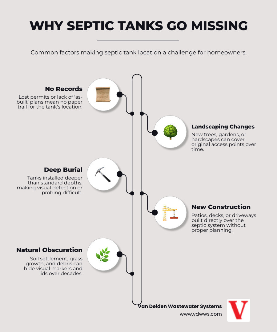 Infographic showing the top 5 reasons septic tanks become difficult to locate: 1) No as-built records or lost permits, 2) Landscaping changes covering original access points, 3) Tanks buried deeper than standard depth, 4) New construction like patios or driveways built over the system, 5) Settled soil and grass growth obscuring visual markers - septic tank locating services in boerne, tx infographic infographic-line-5-steps-elegant_beige