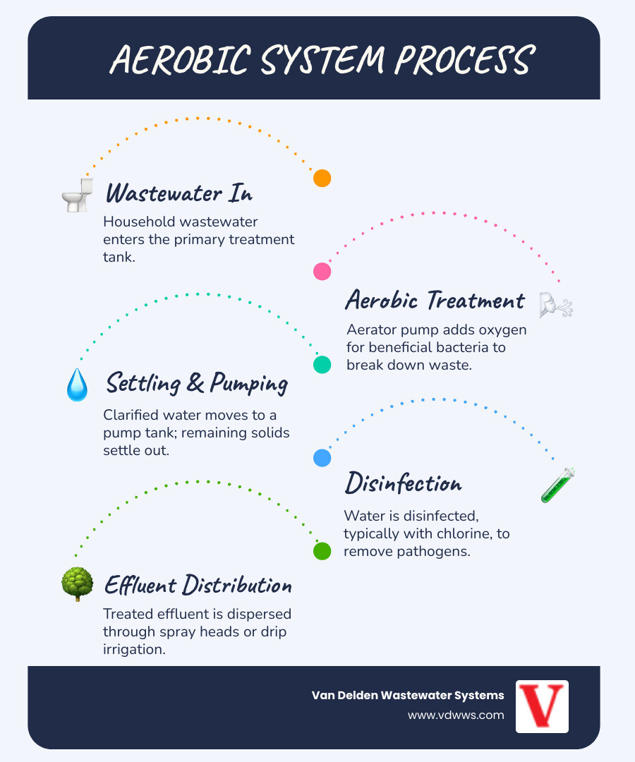 Infographic showing the aerobic system maintenance process: household wastewater enters the aerobic treatment tank where an aerator pump adds oxygen to support beneficial bacteria that break down solids; treated water moves to a pump tank; chlorine disinfectant is added; finally, treated effluent is dispersed through spray heads or drip irrigation onto the property; includes visual indicators for required inspections every 4 months, homeowner chlorine checks, and professional monitoring of all major components - aerobic system maintenance in san antonio, tx infographic infographic-line-5-steps-blues-accent_colors