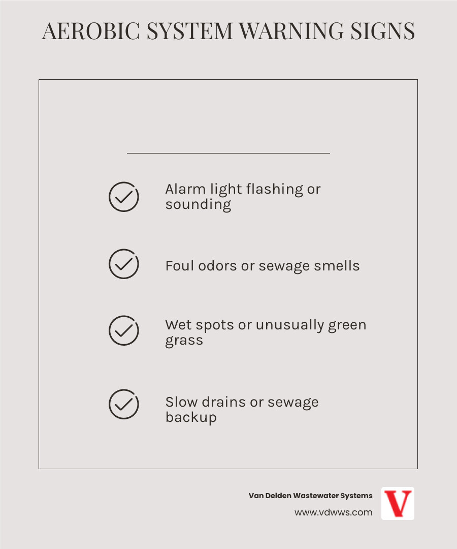 Infographic showing the components of an aerobic septic system including pretreatment tank, aeration chamber with aerator pump, settling tank, chlorine tablet holder, pump tank, and spray heads, with arrows indicating flow direction and labels for key warning signs like alarm activation, odors, and system failures - "My aerobic system isn't working right. Who provides aerobic system repair in Garden Ridge, TX?" infographic checklist-light-beige Infographic showing the components of an aerobic septic system including pretreatment tank, aeration chamber with aerator pump, settling tank, chlorine tablet holder, pump tank, and spray heads, with arrows indicating flow direction and labels for key warning signs like alarm activation, odors, and system failures - "My aerobic system isn't working right. Who provides aerobic system repair in Garden Ridge, TX?" infographic checklist-light-beige