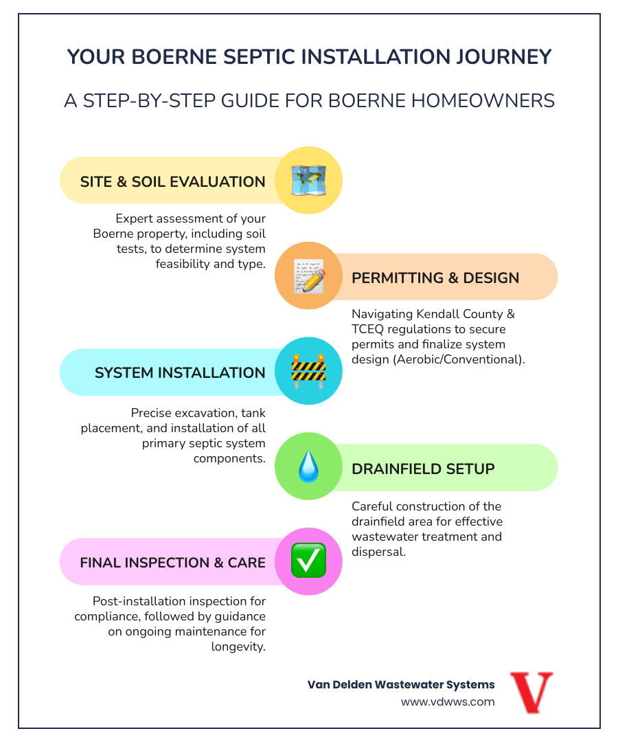 Infographic showing the complete septic installation process in Boerne TX, from initial site assessment and soil testing, through permit application with Kendall County and TCEQ, system design selection between aerobic and conventional options, excavation and tank placement, drainfield installation, final inspection, and ongoing maintenance schedule - local septic installation in boerne, tx infographic infographic-line-5-steps-colors