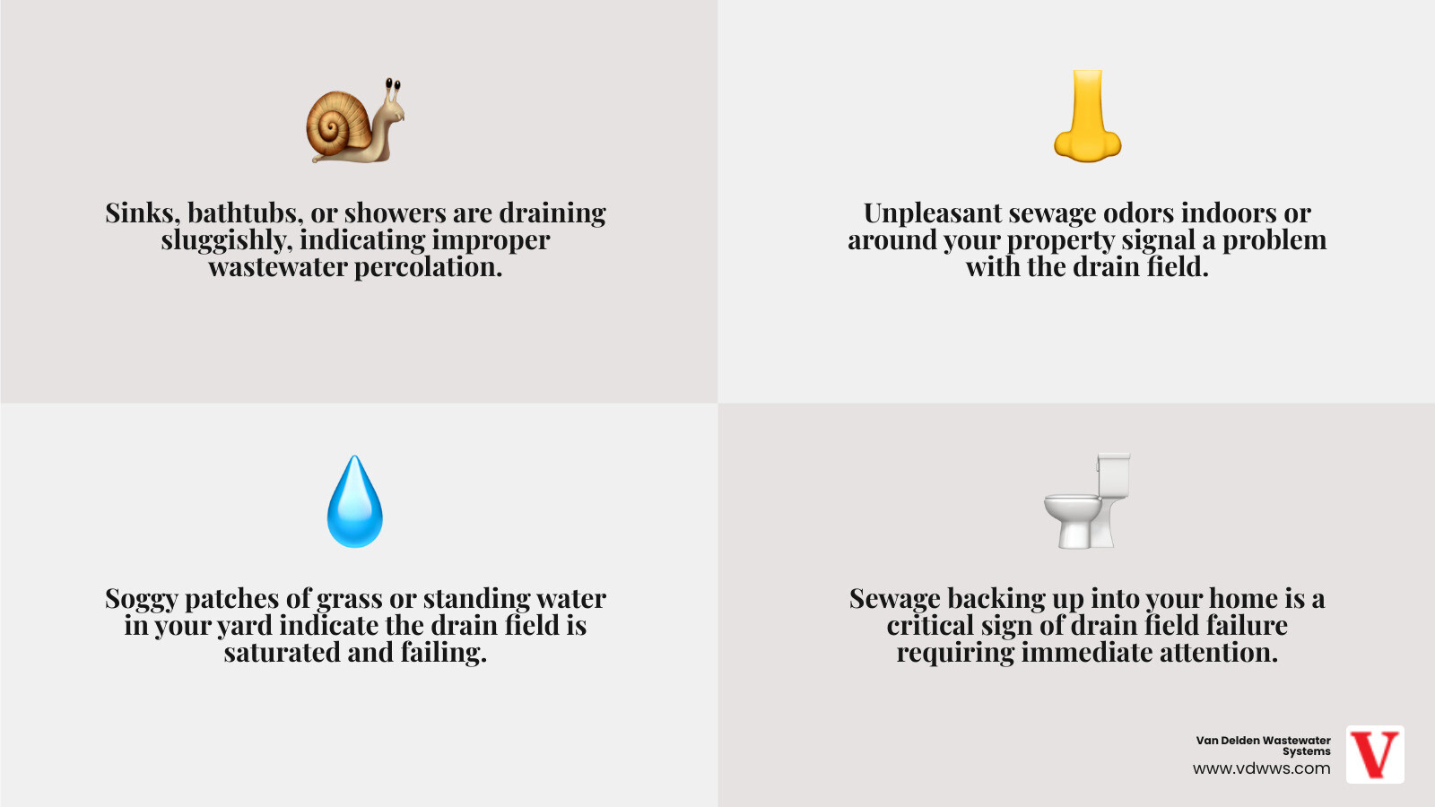 infographic showing signs of drain field failure including slow drains, sewage odors, standing water in yard, overly lush grass patches, gurgling pipes, and sewage backups, with illustrations of each symptom and when to call a specialist - "I need to find a specialist in drain field repair. Who serves the Bulverde, TX area?" infographic 4_facts_emoji_grey infographic showing signs of drain field failure including slow drains, sewage odors, standing water in yard, overly lush grass patches, gurgling pipes, and sewage backups, with illustrations of each symptom and when to call a specialist - "I need to find a specialist in drain field repair. Who serves the Bulverde, TX area?" infographic 4_facts_emoji_grey