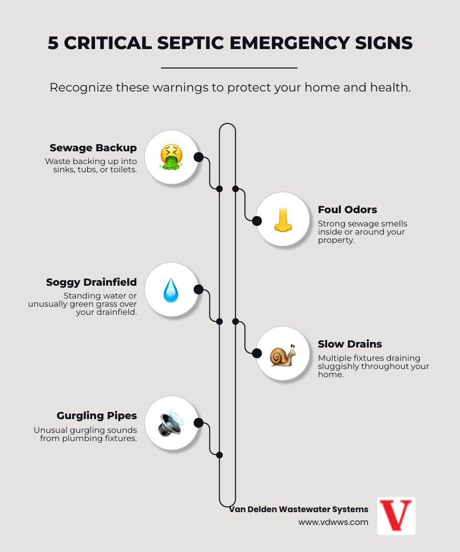 Infographic showing 5 critical signs of a septic emergency: sewage backing up into your home, strong sewage odors around your property, standing water or soggy areas over your drainfield, multiple slow drains throughout the house, and gurgling sounds from pipes or toilets - emergency septic tank cleaning repair in boerne tx infographic infographic-line-5-steps-elegant_beige