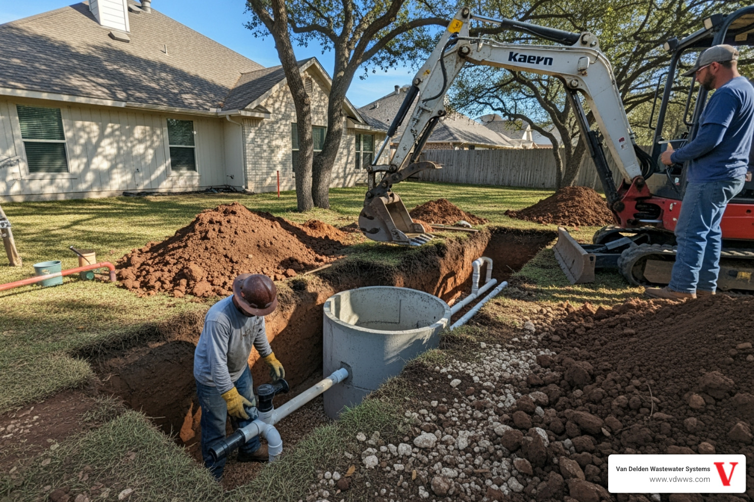 Infographic showing residential septic system components including septic tank, drainfield, inlet and outlet baffles, and effluent filter, with warning signs of failure such as slow drains, sewage odors, standing water, gurgling pipes, and lush grass patches over the drainfield, plus recommended maintenance schedule of pumping every 3-5 years and annual inspections - residential septic repairs in boerne, tx