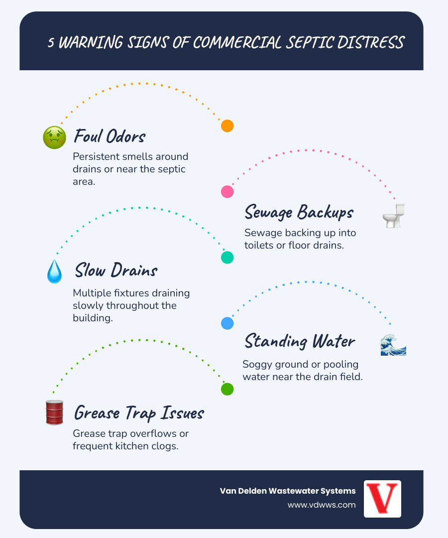 Infographic showing 5 warning signs your commercial septic system needs immediate repair: 1. Persistent foul odors around drains or outside near the septic area, 2. Sewage backing up into toilets or floor drains, 3. Multiple slow-draining fixtures throughout your building, 4. Standing water or soggy ground near the drain field, 5. Grease trap overflows or frequent clogs in commercial kitchens - commercial septic repairs in boerne, tx infographic infographic-line-5-steps-blues-accent_colors