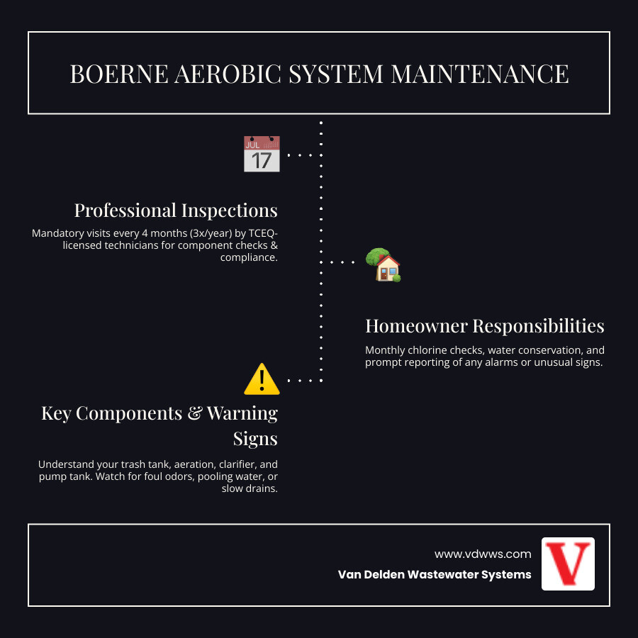 Infographic showing aerobic system maintenance schedule: professional inspections every 4 months, monthly homeowner chlorine checks, annual tank pumping assessment, key warning signs to watch for (alarms, odors, pooling water), and the four main system components (trash tank, aeration chamber, clarifier, pump tank) with their maintenance needs - residential aerobic system maintenance in boerne, tx infographic infographic-line-3-steps-dark Infographic showing aerobic system maintenance schedule: professional inspections every 4 months, monthly homeowner chlorine checks, annual tank pumping assessment, key warning signs to watch for (alarms, odors, pooling water), and the four main system components (trash tank, aeration chamber, clarifier, pump tank) with their maintenance needs - residential aerobic system maintenance in boerne, tx infographic infographic-line-3-steps-dark