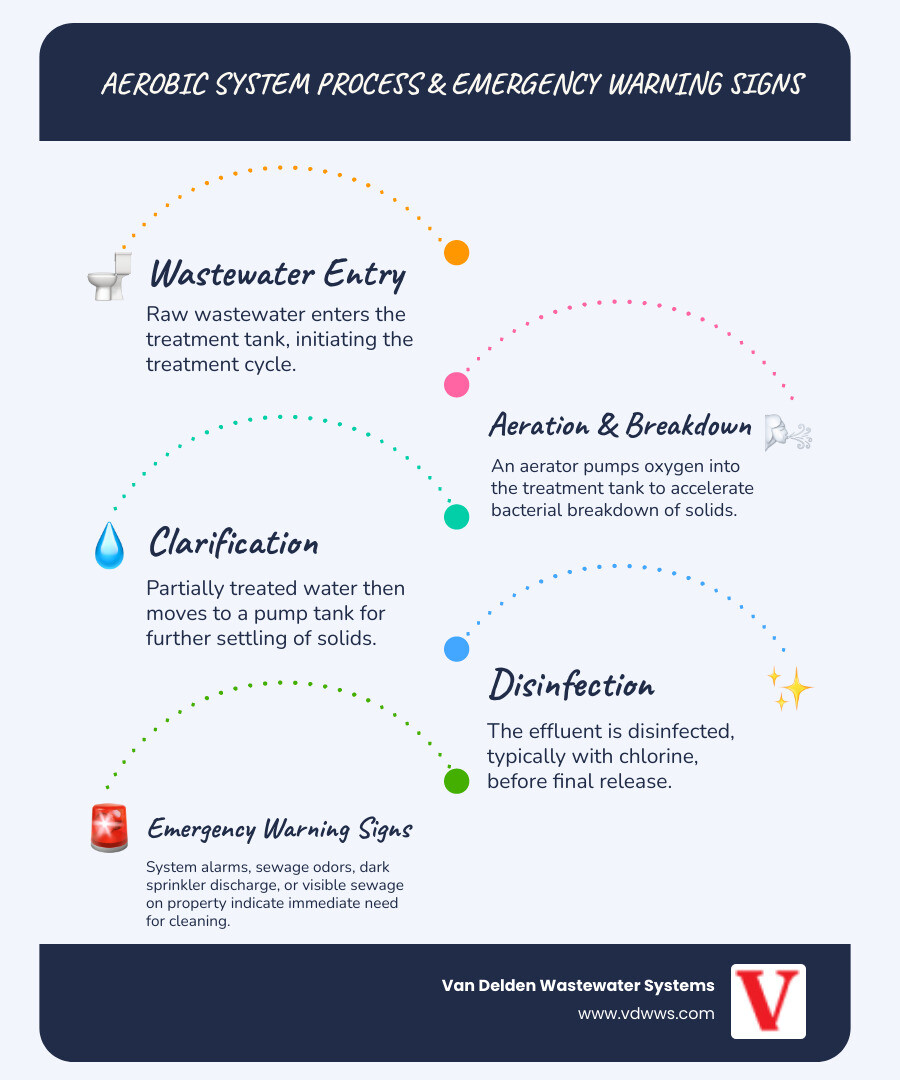 Infographic showing the aerobic septic system process: wastewater enters the treatment tank where an aerator pumps oxygen to accelerate bacterial breakdown of solids, treated water moves to a pump tank, chlorine disinfects the effluent, and sprinklers distribute the treated water across the lawn. Warning signs for emergency cleaning include system alarms, sewage odors, dark sprinkler discharge, and visible sewage on property. - emergency aerobic system cleaning in boerne, tx infographic infographic-line-5-steps-blues-accent_colors Infographic showing the aerobic septic system process: wastewater enters the treatment tank where an aerator pumps oxygen to accelerate bacterial breakdown of solids, treated water moves to a pump tank, chlorine disinfects the effluent, and sprinklers distribute the treated water across the lawn. Warning signs for emergency cleaning include system alarms, sewage odors, dark sprinkler discharge, and visible sewage on property. - emergency aerobic system cleaning in boerne, tx infographic infographic-line-5-steps-blues-accent_colors