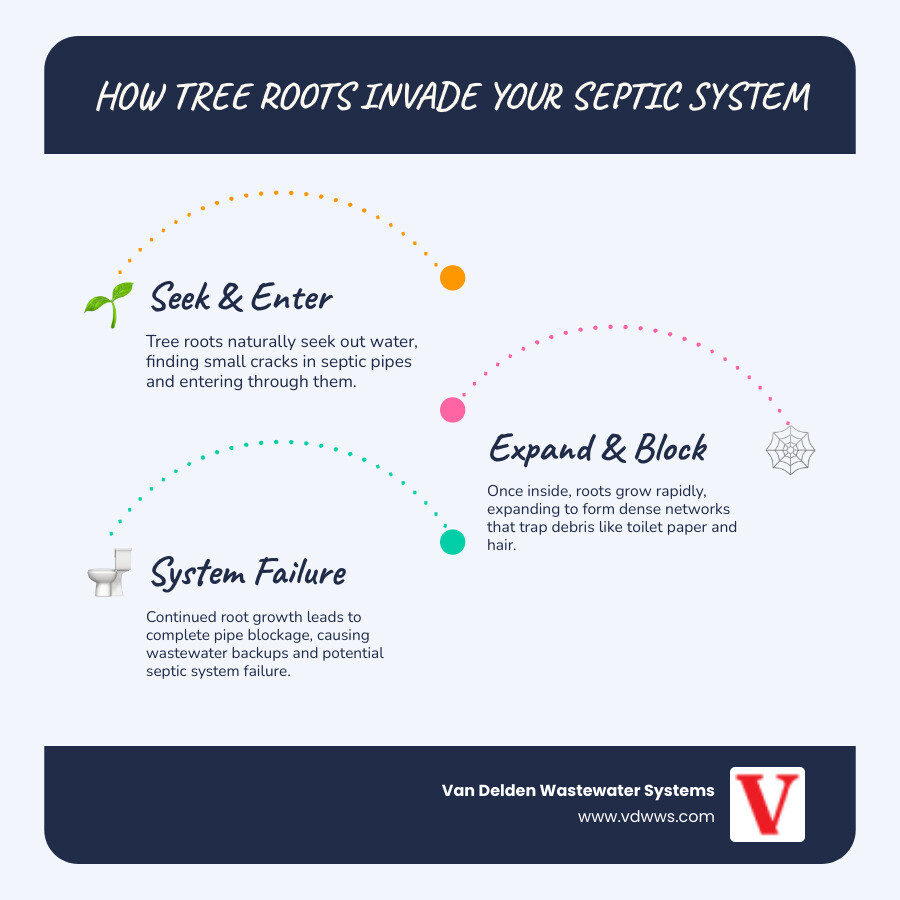 Infographic showing how tree roots invade septic systems: Step 1 shows tree roots near a septic pipe with a small crack, Step 2 depicts roots entering through the crack seeking water, Step 3 illustrates roots expanding inside the pipe and trapping debris like toilet paper and hair, Step 4 shows a completely blocked pipe with wastewater backing up, with labels for each stage and arrows indicating progression from healthy pipe to full blockage - septic root removal boerne tx infographic infographic-line-3-steps-blues-accent_colors