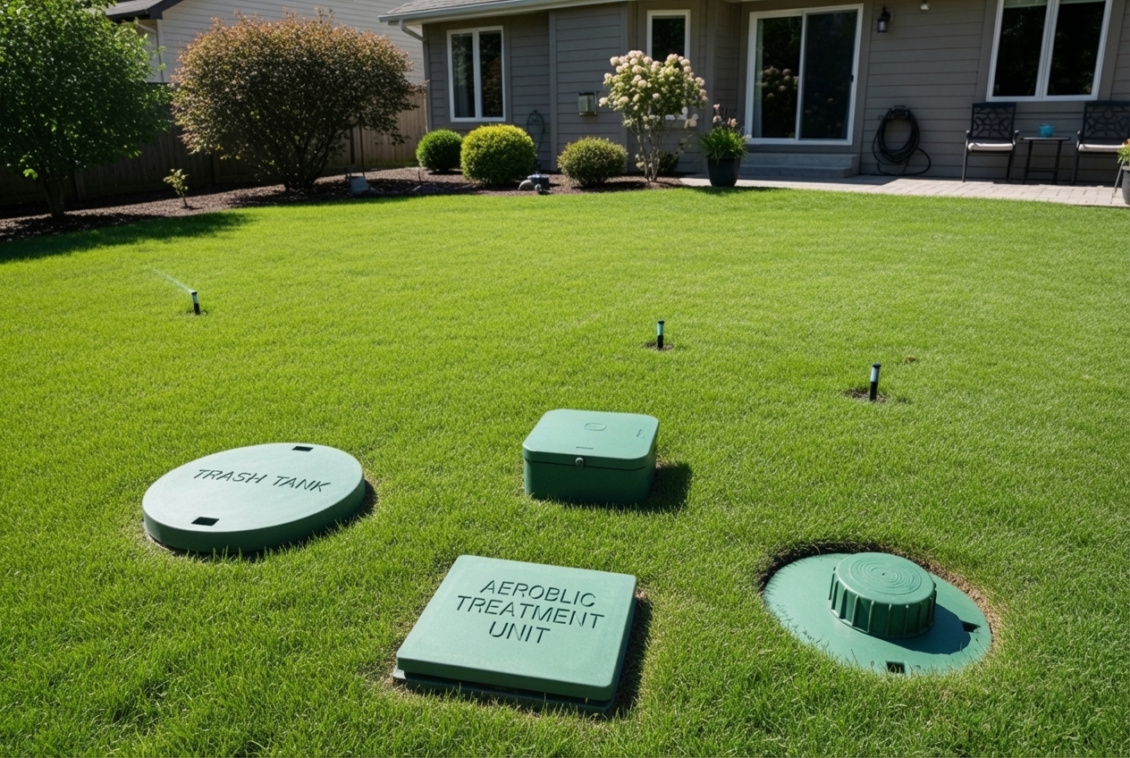 Infographic showing the key components of an aerobic septic system including trash tank, aerobic treatment unit with aerator, pump tank, and sprinkler heads, with arrows indicating wastewater flow and forced air injection, compared side-by-side with a simpler conventional septic tank diagram showing just the tank and drainfield - best aerobic system cleaning in boerne, tx Infographic showing the key components of an aerobic septic system including trash tank, aerobic treatment unit with aerator, pump tank, and sprinkler heads, with arrows indicating wastewater flow and forced air injection, compared side-by-side with a simpler conventional septic tank diagram showing just the tank and drainfield - best aerobic system cleaning in boerne, tx