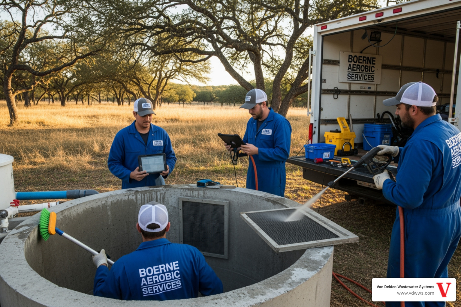 Infographic showing the aerobic treatment process: wastewater flows from home to trash tank, then to aeration chamber where forced air creates oxygen-rich environment, then to clarifier where solids settle, then treated water is disinfected with chlorine and dispersed through sprinkler heads or drip system to drain field - aerobic system cleaning technicians in boerne, tx Infographic showing the aerobic treatment process: wastewater flows from home to trash tank, then to aeration chamber where forced air creates oxygen-rich environment, then to clarifier where solids settle, then treated water is disinfected with chlorine and dispersed through sprinkler heads or drip system to drain field - aerobic system cleaning technicians in boerne, tx