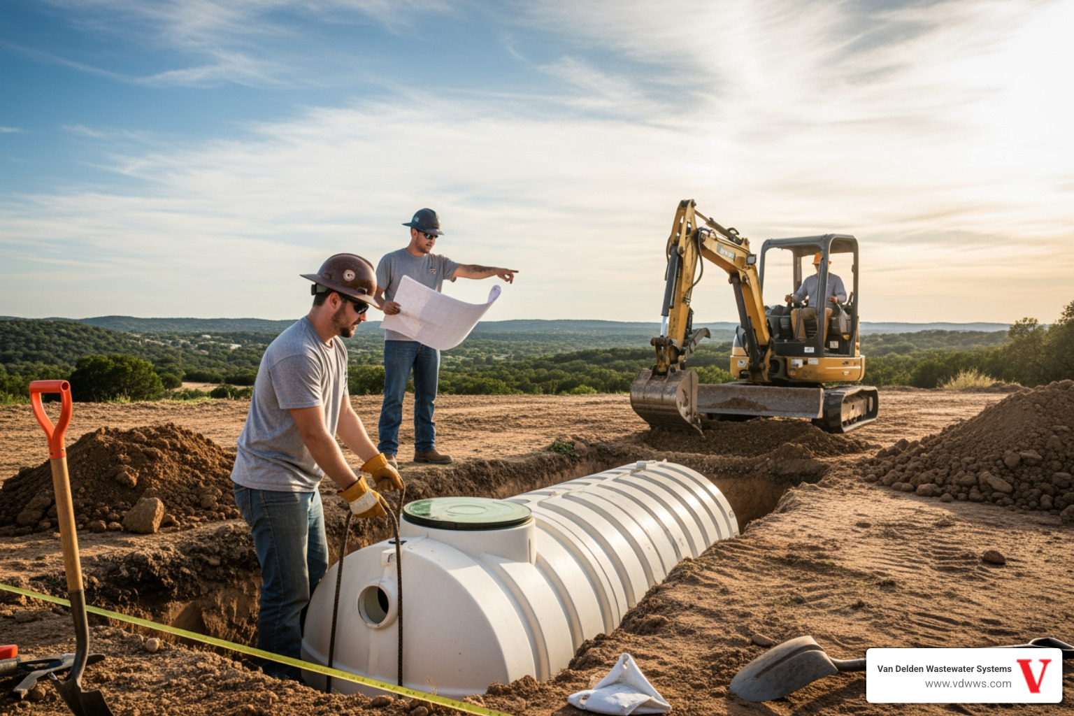 Infographic showing the key steps of professional septic installation in Boerne TX including site evaluation with soil testing equipment, permit documentation from Kendall County, system design blueprints for conventional and aerobic systems, excavation equipment placing septic tanks, drainfield construction in Texas Hill Country terrain, and final inspection checklist - professional septic installation in boerne, tx
