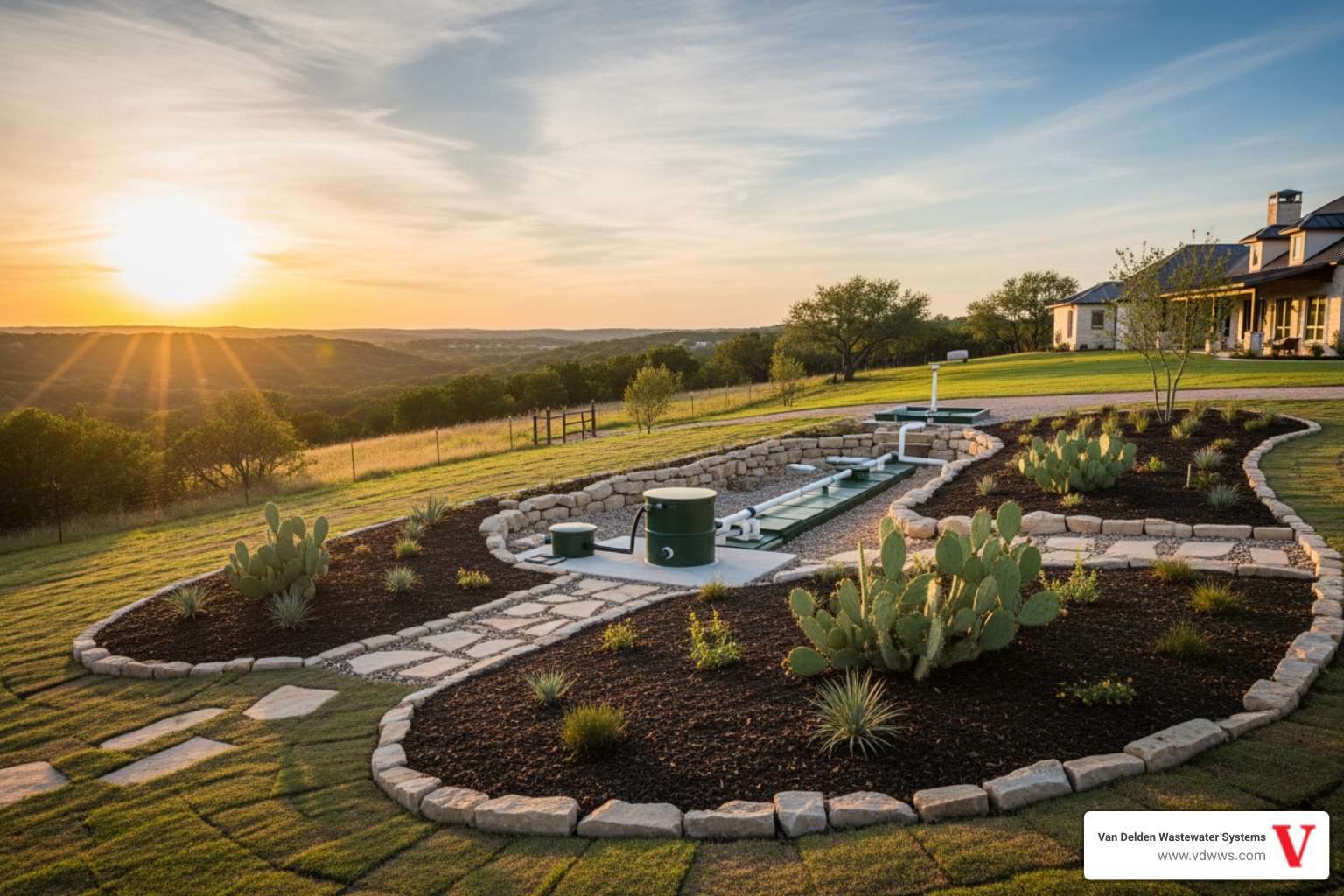 infographic comparing standard gravity septic system with luxury aerobic treatment unit showing oxygen injection, advanced treatment stages, and water reuse for irrigation - luxury septic system installation service in georges ranch boerne tx