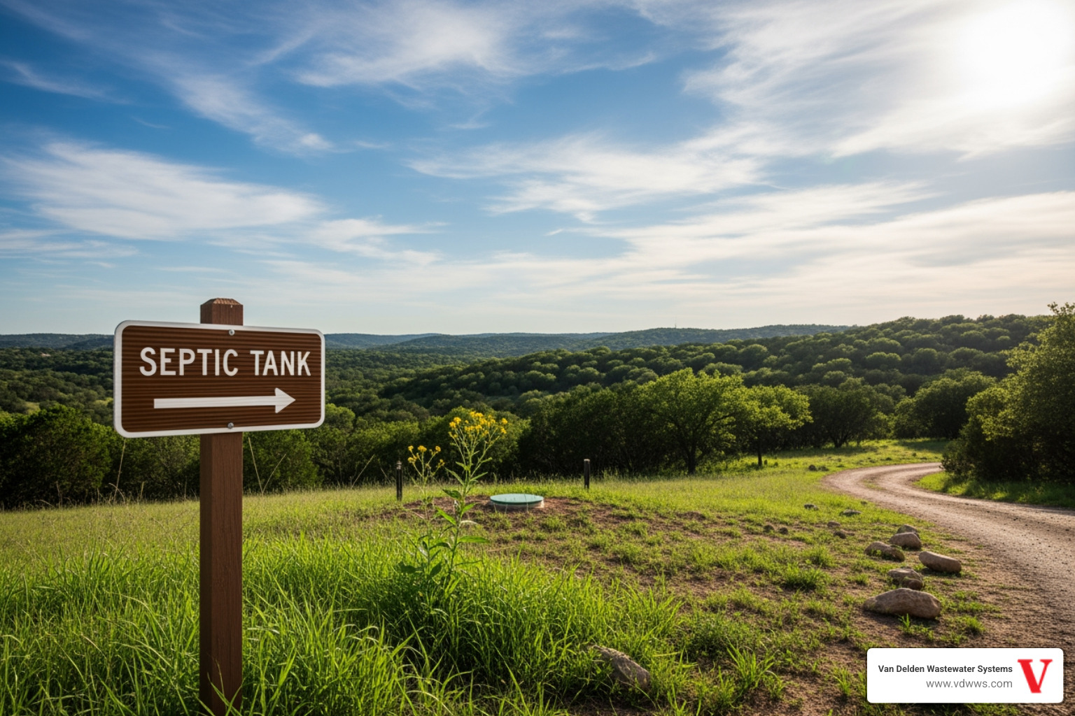 infographic showing the basic components of a residential septic system including house plumbing, septic tank with inlet and outlet, distribution box, and drainfield with perforated pipes in gravel trenches - septic tank locating helotes tx
