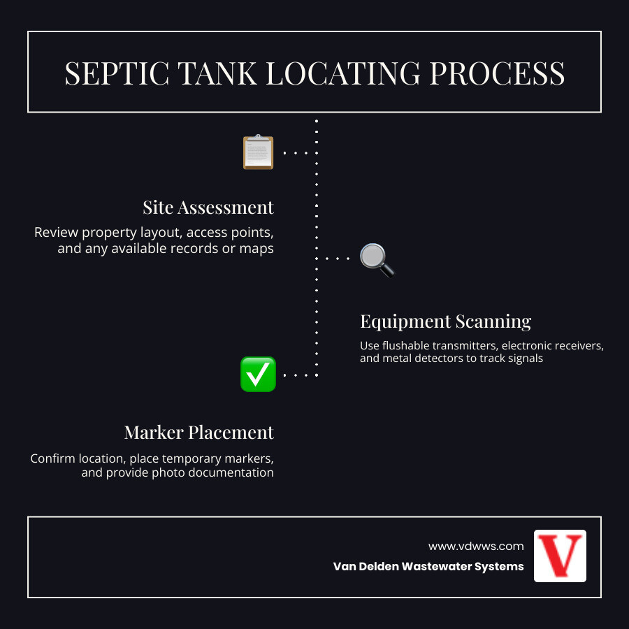 Step-by-step infographic showing the septic tank locating process from initial assessment through equipment scanning to final marker placement and documentation - local septic tank locating services company in comfort tx infographic infographic-line-3-steps-dark Step-by-step infographic showing the septic tank locating process from initial assessment through equipment scanning to final marker placement and documentation - local septic tank locating services company in comfort tx infographic infographic-line-3-steps-dark