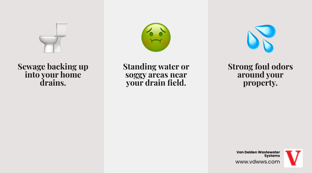 Infographic showing three urgent septic warning signs: sewage backing up into home drains, strong sewage odors around property, and standing water or soggy areas near drain field, with text stating contact licensed septic professional immediately - same day septic system repairs service in georges ranch boerne tx infographic 3_facts_emoji_grey Infographic showing three urgent septic warning signs: sewage backing up into home drains, strong sewage odors around property, and standing water or soggy areas near drain field, with text stating contact licensed septic professional immediately - same day septic system repairs service in georges ranch boerne tx infographic 3_facts_emoji_grey