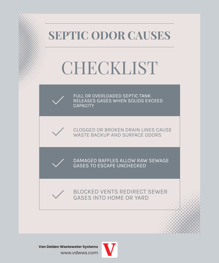 Infographic showing common causes of septic system odors in Sisterdale TX with warning signs and recommended actions Infographic showing common causes of septic system odors in Sisterdale TX with warning signs and recommended actions