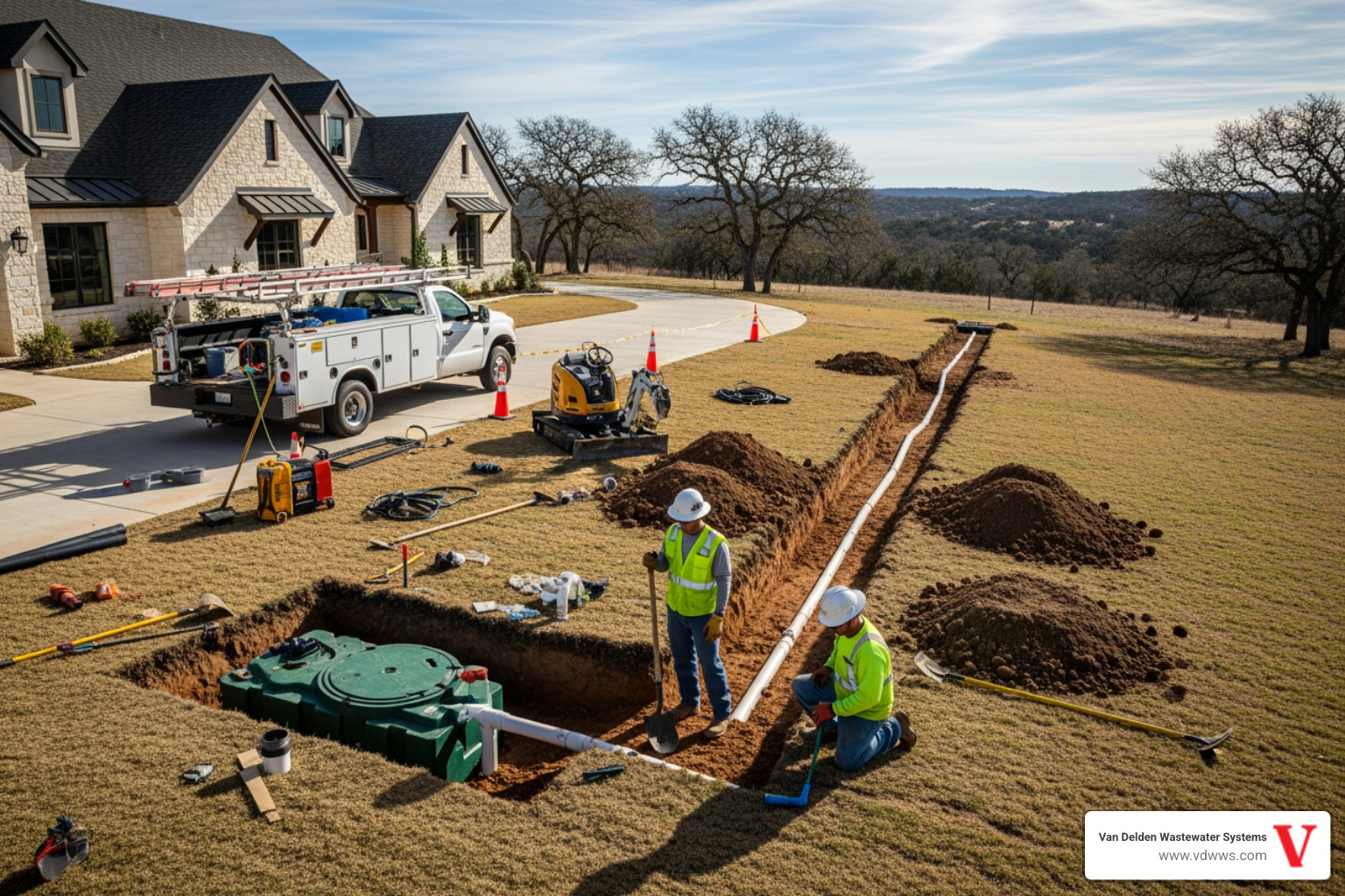 Detailed infographic showing the components of a large-scale aerobic septic system including the primary tank, aeration chamber, clarifier, pump tank, spray distribution heads, and drainfield, with labels indicating common repair points like aerators, control panels, and effluent pumps - septic system repairs for large homes in georges ranch boerne tx
