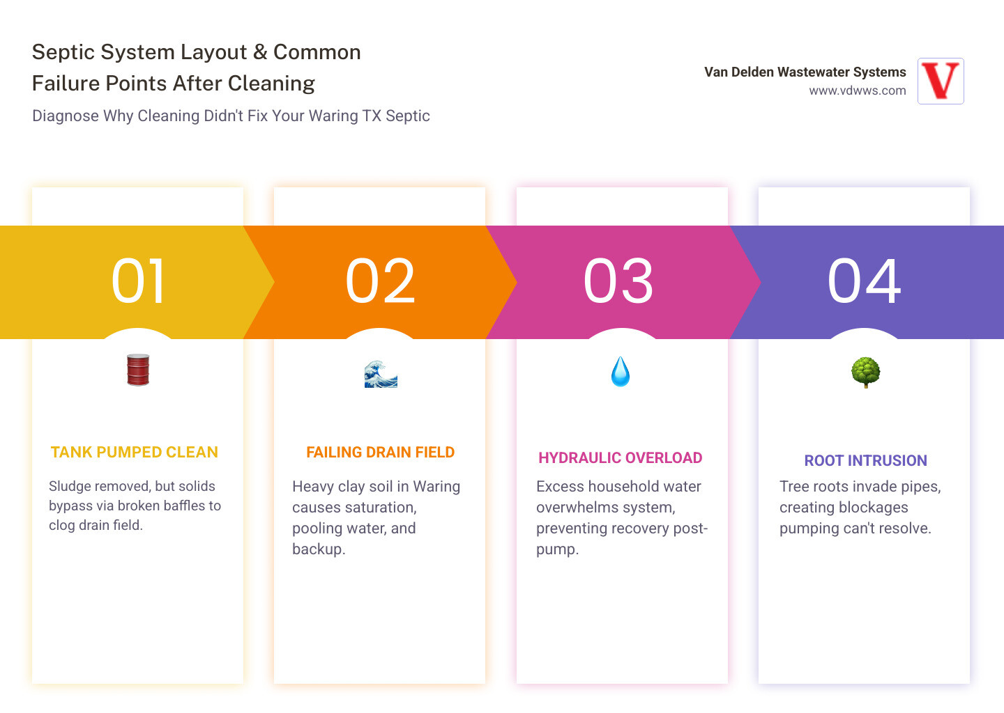 Infographic showing septic system layout, common failure points after cleaning, and steps to diagnose the problem - septic