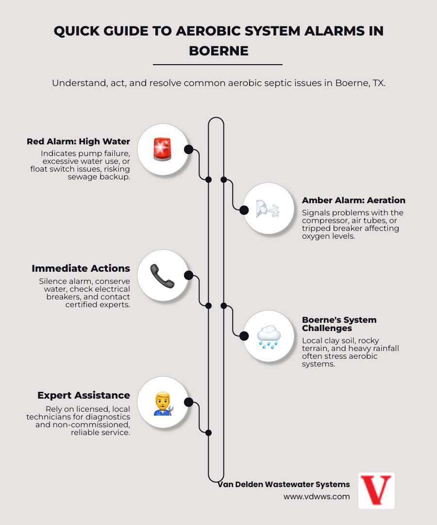 Infographic showing aerobic system components including pretreatment tank, aeration chamber, clarifier, chlorinator, spray pump, and alarm sensors with labels for red high water alarm and amber aeration alarm - aerobic system alarm activation experts in boerne, tx infographic infographic-line-5-steps-elegant_beige