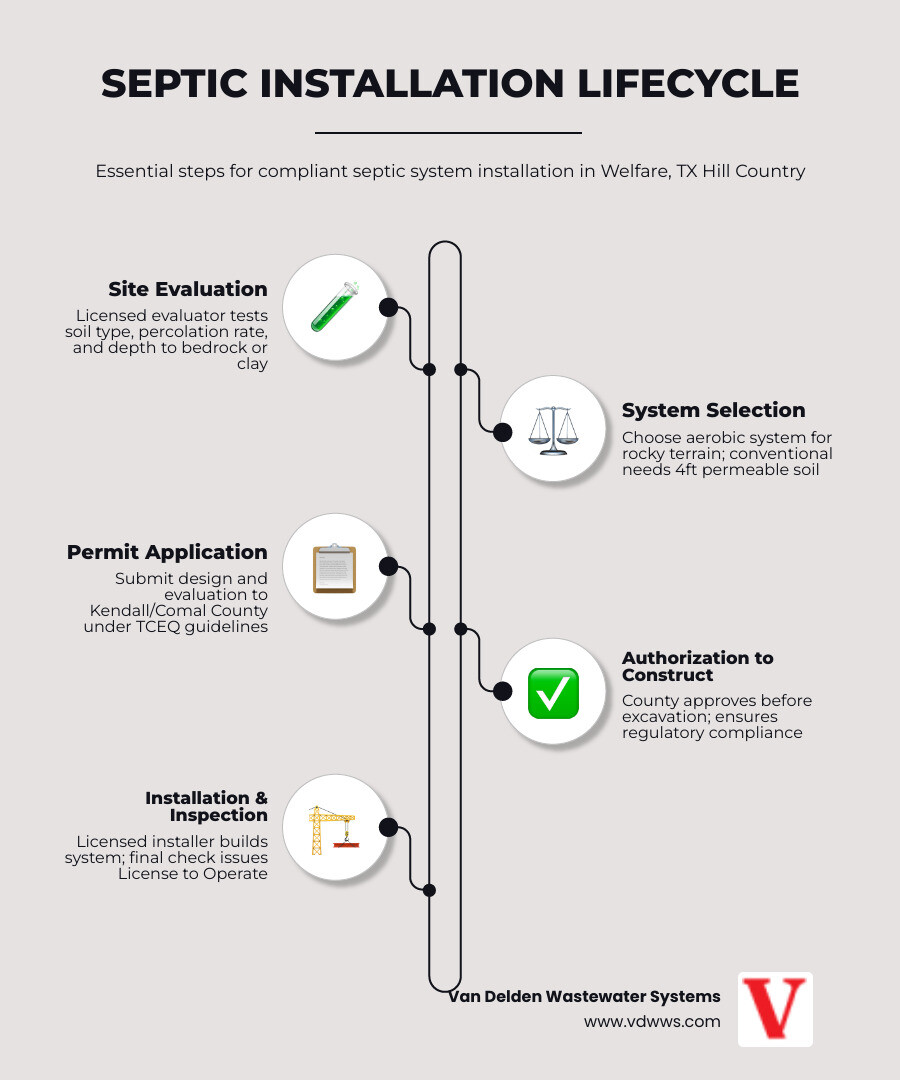 Infographic showing the septic installation lifecycle in Welfare TX from site evaluation to License to Operate - septic