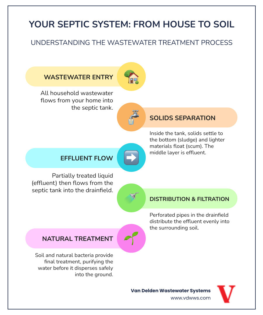infographic showing the septic system workflow from house to tank to drainfield, with labels indicating where wastewater enters the tank, how solids settle and liquids flow to the drainfield, and how treated water disperses into the soil through perforated pipes - drainfield cleaning repair in smithson valley tx infographic infographic-line-5-steps-colors
