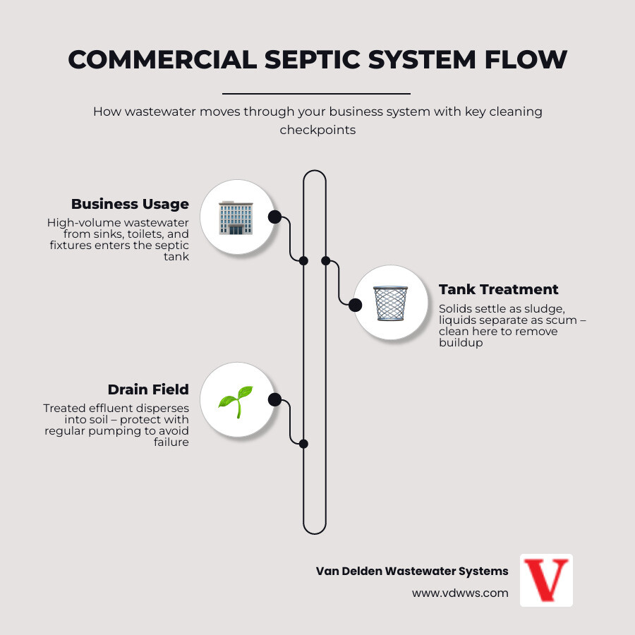 Infographic showing commercial septic system flow from business use to tank, treatment, and drain field with cleaning