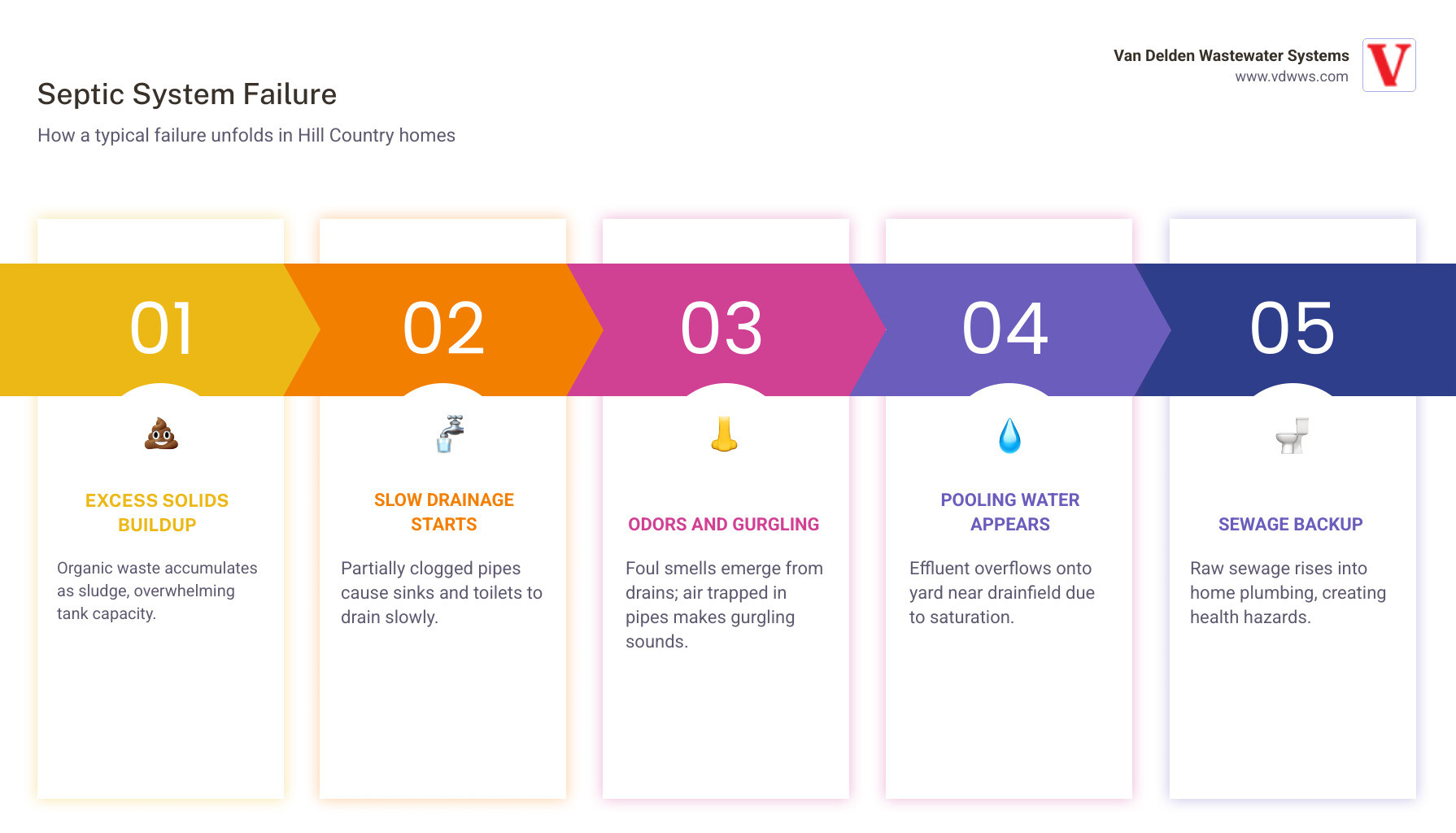 Infographic showing how a septic system failure occurs step by step in a Hill Country home - emergency septic tank cleaning