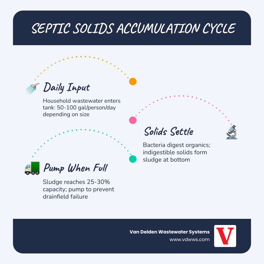 Infographic showing septic tank solids accumulation cycle by household size and tank capacity - septic pumping frequency for