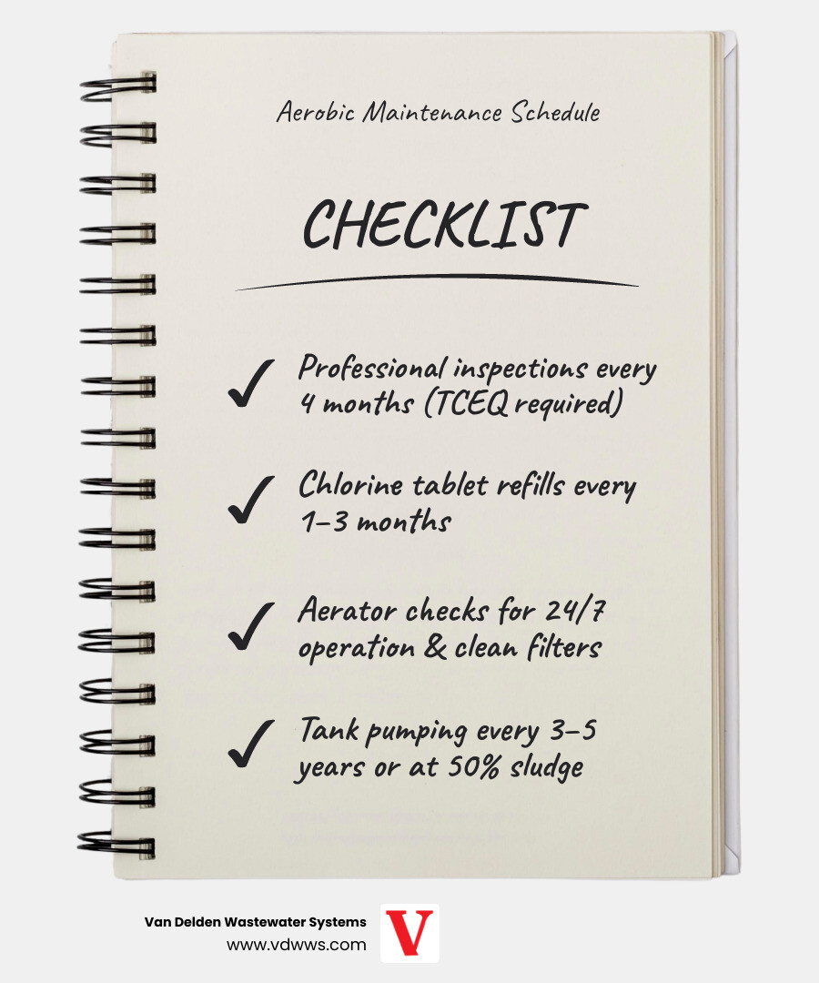 Aerobic system maintenance requirements schedule infographic showing inspection frequency, chlorine refills, pumping