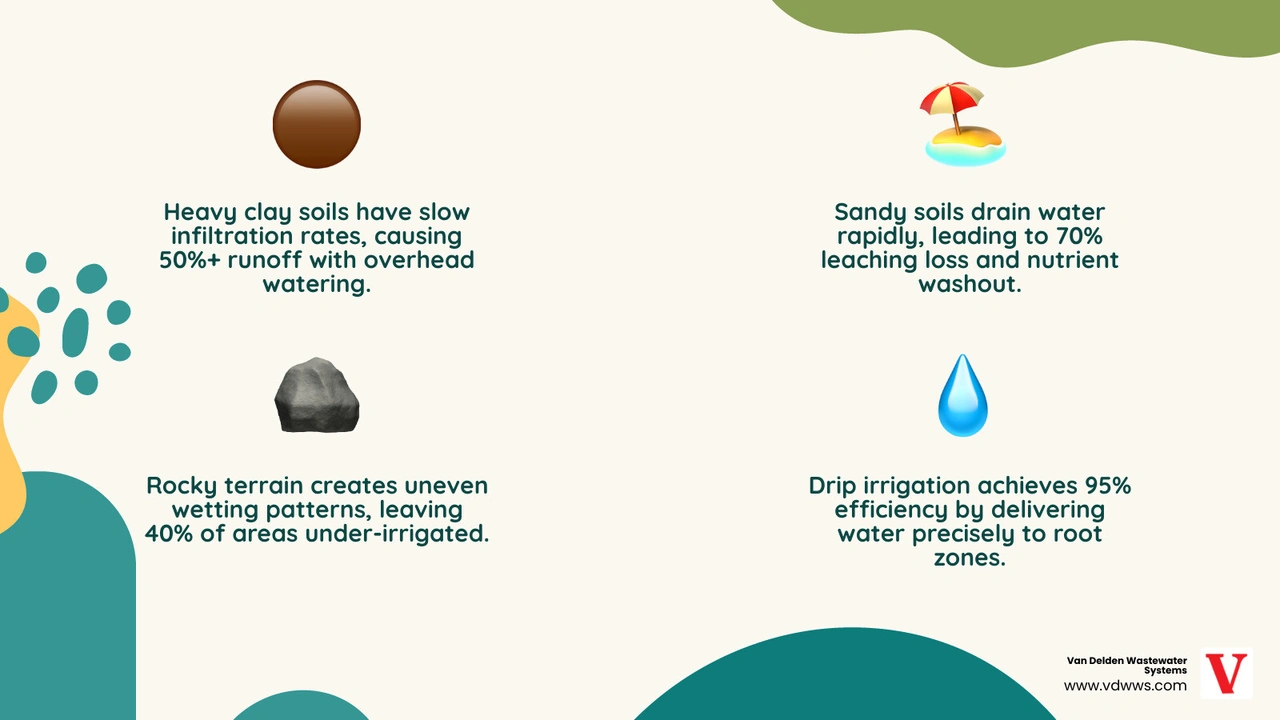 Infographic comparing drip irrigation benefits across clay, sandy, and rocky soil types with efficiency stats - drip Infographic comparing drip irrigation benefits across clay, sandy, and rocky soil types with efficiency stats - drip