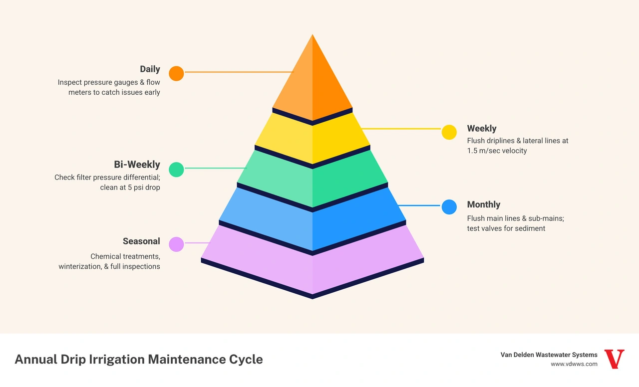 Annual drip irrigation maintenance cycle infographic showing daily, weekly, biweekly, monthly, and seasonal tasks - drip Annual drip irrigation maintenance cycle infographic showing daily, weekly, biweekly, monthly, and seasonal tasks - drip